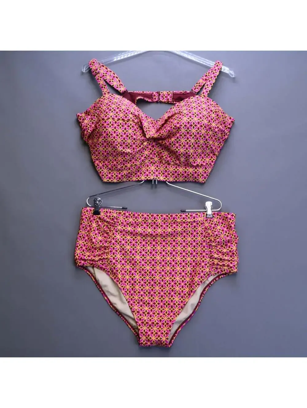 Old Navy Bikini Set 3X Top 2X Bottom Geometric Pink Orange High Waist Swimsuit